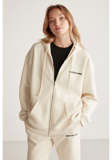 Ametıs Kadın Oversize Organik Pamuklu Metal Fermuarlı Kapüşonlu Vanilya Sweatshirt