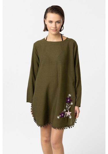 Yeşil Nakış İşlemeli Uzun Kollu Pamuklu Bluz Elbise Yeşil