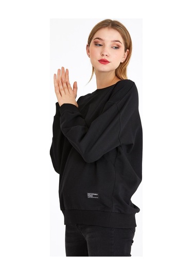 Comeor Kadın Siyah Basic Bisiklet Yaka Regular Fit Rahat Sweatshirt 001