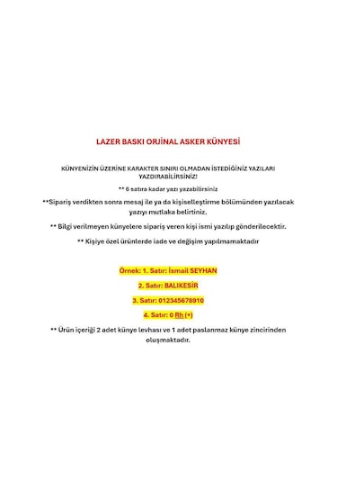 Orjinal Asker Künyesi - Lazer Kazıma - Army Dog Tag Gümüş