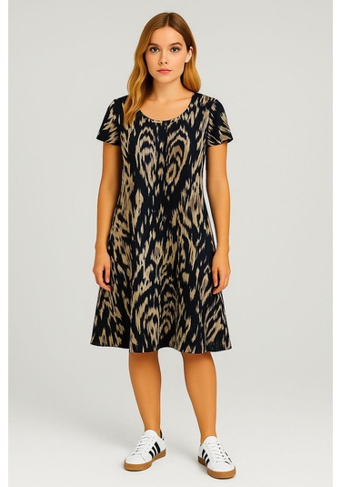 2 Adet Dökümlü Rahat Kalıp Günlük Penye Kumaş Elbise Lacivert - Krem