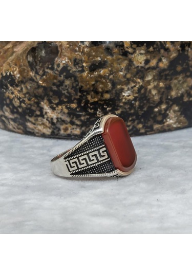 Grek Desenli Akik Taşlı 925 Gümüş Erkek Yüzük Beyaz