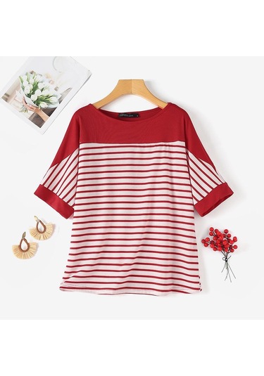 Zanzea Kadın Rahat O-yaka Kısa Kollu Çizgili Bluz Kırmızı
