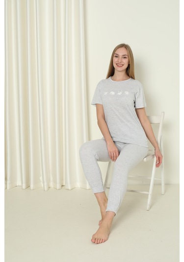 Fames Pijama Kisa Kol Yazlik Pijama Takimi Pamuklu Gri