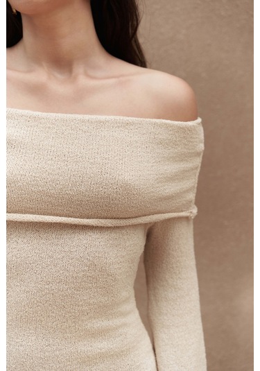 Kirana Carmen Yaka Bej Mini Triko Elbise Bej