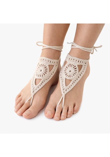 Boho Stil Barefoot Sandal El Yapımı Ekru Ayak Aksesuarı Çift