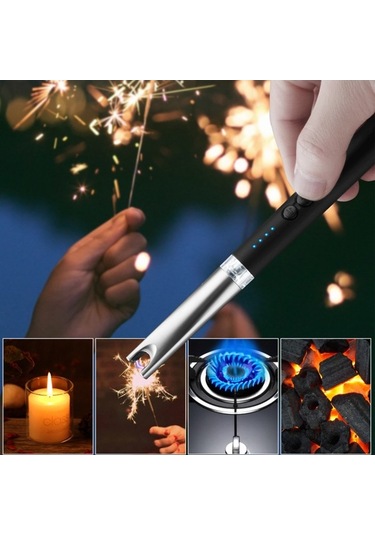 Elmpaly Usb Şarjlı Rüzgara Dayanıklı Elektrikli Çakmak - Led Aydınlatmalı, Pil Göstergeli, Kamp & Barbekü İçin Siyah Siyah