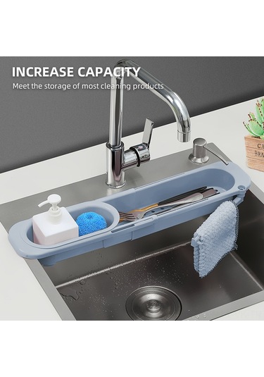 Vkemall Mavi Gri Genişletilebilir Lavabo Süzgeci - Bölmeli Sıvı Çıkarma, Havlu Asma Barı Ve Sağlıklı Malzeme İle Mutfak Düzeni Gri - Mavi