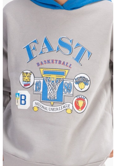 Erkek Çocuk Baskılı Kapşonlu Eşofman Takımı Gri