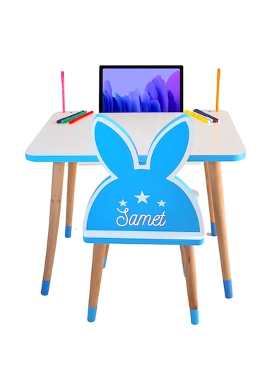 Çocuk Ders Çalışma Masa Ve Sandalye Takımı 2-6 Yaş Mavi Tavşanlı