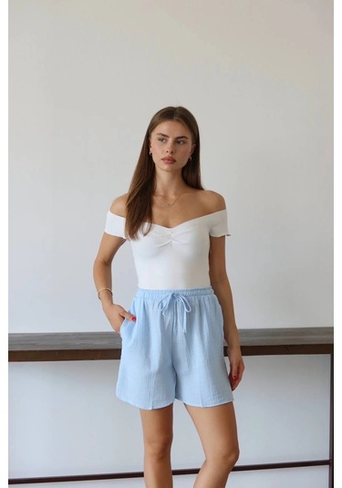 İsiltikidsmoda Müslin Kumaş Şort Bağcıklı Mavi Pt Mavi