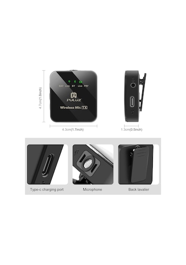 Type-c Telefon İçin Puluz Kablosuz Yaka Mikrofon Type-c Alıcı Siyah Type-C 1 TX + 1 RX