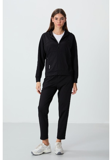 Tommy Life Siyah Kapüşonlu Gizli Cep Detaylı Standart Kalıp Kadın Eşofman Takımı - 95306 Siyah