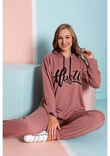 Mevsimlik Kapşonlu Kadın Eşofman Takımımı - Sportif Kadın Giyim Pudra