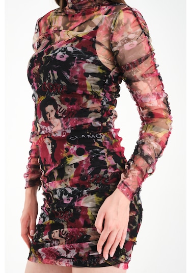 Büzgülü Tül Elbise Pembe