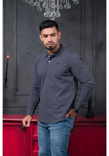 San&fa Regular Fit Polo Yaka Uzun Kol Pamuklu Baharlık Sweatshirt Antrasit