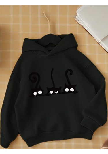 Kışlık Kapüşonlu Sweatshirt, Çocuk Siyah Kara Kediler Baskılı SiYAH