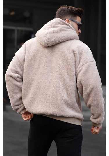 Bej Peluş Over Fit Kapüşonlu Fermuarlı Erkek Sweatshirt 6049 Bej