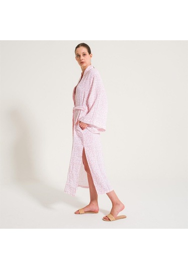 Leopar Desen Müslin Kadın Sabahlık-Açık Pembe