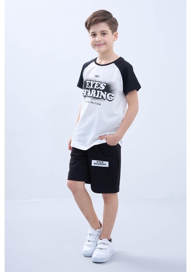 Penye Süprem Baskılı Yazlık Şortlu Takım M00734 Beyaz - Siyah