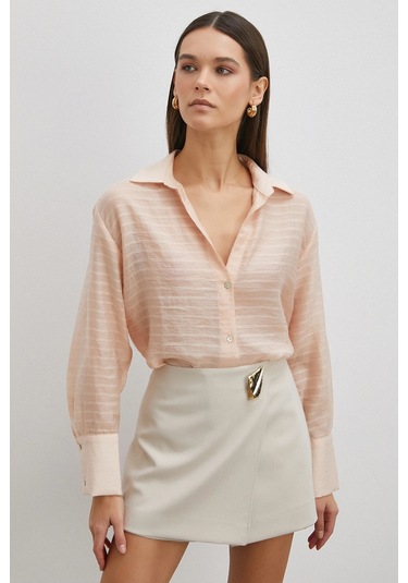 Kabartma Çizgili Gömlek Pudra Pudra