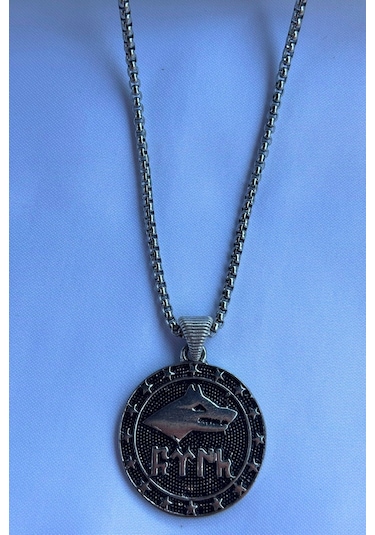 Göktürk Bayrağı El İşçiliği Paslanmaz Çelik Zincir Erkek Kolye Gümüş