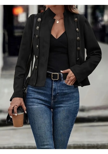 Kadın Uzun Kollu Hakim Yaka Yanlardan Düğmeli Kısa Süet Ceket Siyah