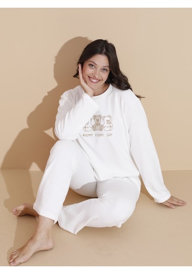 Mr 9010 Havlu Kumaş Ayıcık Nakışlı Kışlık Kadın Eşofman Pijama Takımı Beyaz