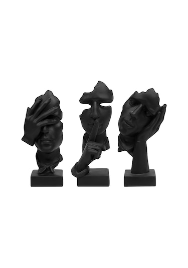 Tenfowee Koyu Siyah Modern Sanat Figürü Seti - Sessizlik, Görmememe, Düşünme Temalı Resin Heykel Dekor 3 Parça
