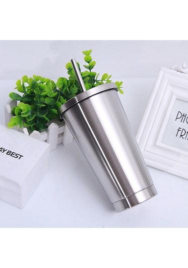 Samdoo 500ml 304 Çelik Termos Bardak, İçecek Su Için, Portatif, Pipetli Kapağıyla, Gümüş Renkli, Ofis Hediyesi