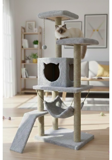 Missidea S9 Kedi Tırmalama Kulesi Platformlu 124 Cm Gri