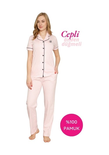Kadın Pembe Beyaz Çizgili Gömlek Yaka Önden Düğmeli %100 Pamuk Kısa Kol Cepli Pijama Takımı Pembe