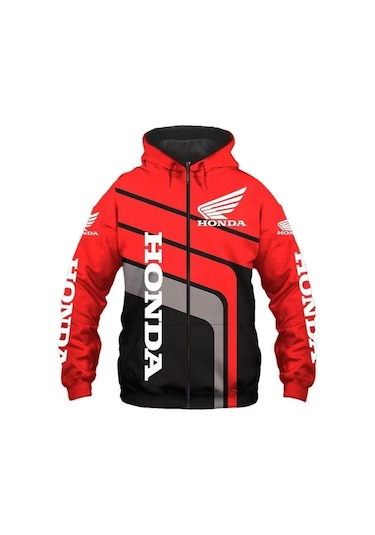 İlkbahar Ve Sonbahar Fermuarlı Tişörtü Honda Yarış Logosu Kapüşonlu Binicilik Kabanlar-xxl Kırmızı