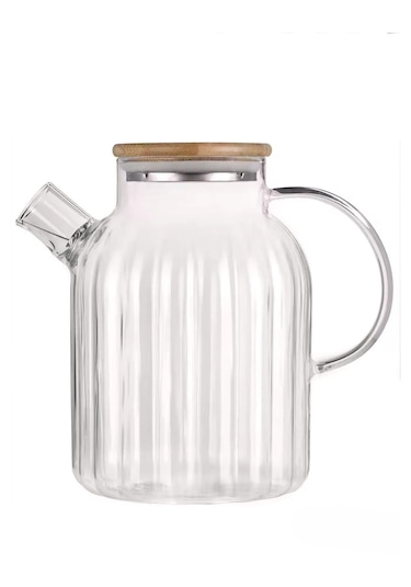 Vakumlu Bambu Kapaklı Isıya Dayanıklı Borosilikat Cam Demlik 1800ml Şeffaf