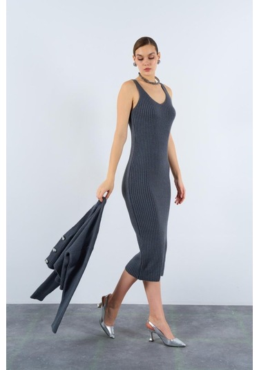 Fitilli Elbise Hırkalı Takım - Füme Çok Renkli