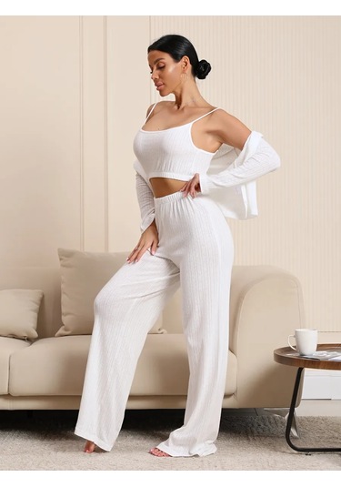 Sevılle Yılbaşı Üçlü Pijama Seti Evde Giymek İçin Büyük Bedenli Pantolonlu 446797801 Beyaz