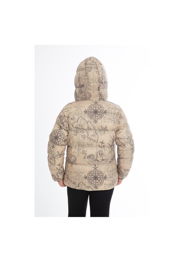 Kız Çocuk Bej Pusula Desen İçi Polar Su Ve Rüzgar Geçirmez Kapüşonlu Cepli Şişme Kışlık Mont Bej
