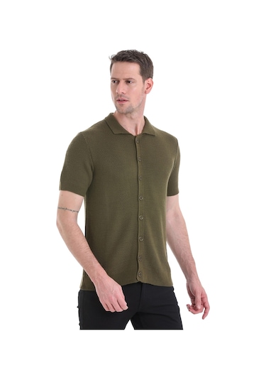 Hatemoğlu Regular Fit Düz Düğmeli Kısa Kollu Triko Hırka 34162024c001 022 - Haki