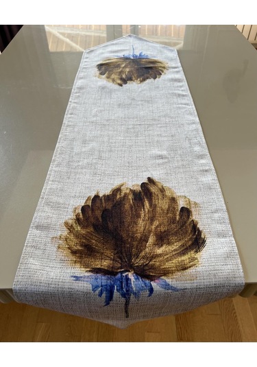 Hardal Çiçek Desenli Keten Dokulu 35 135 Cm Runner Hardal