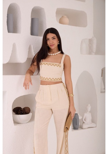 Zikzak Nakış Kalın Askılı Crop Bluz Pantolon 2li Takım Bej