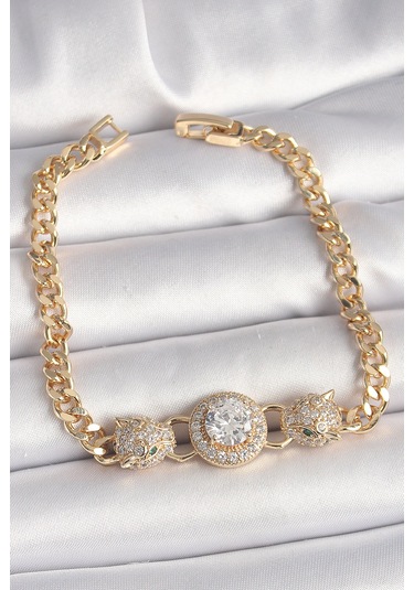 Pirinç Gold Renk Zirkon Taşlı Leopar Figür Zincir Model Kadın Bileklik - Tj-bb6828 Gümüş