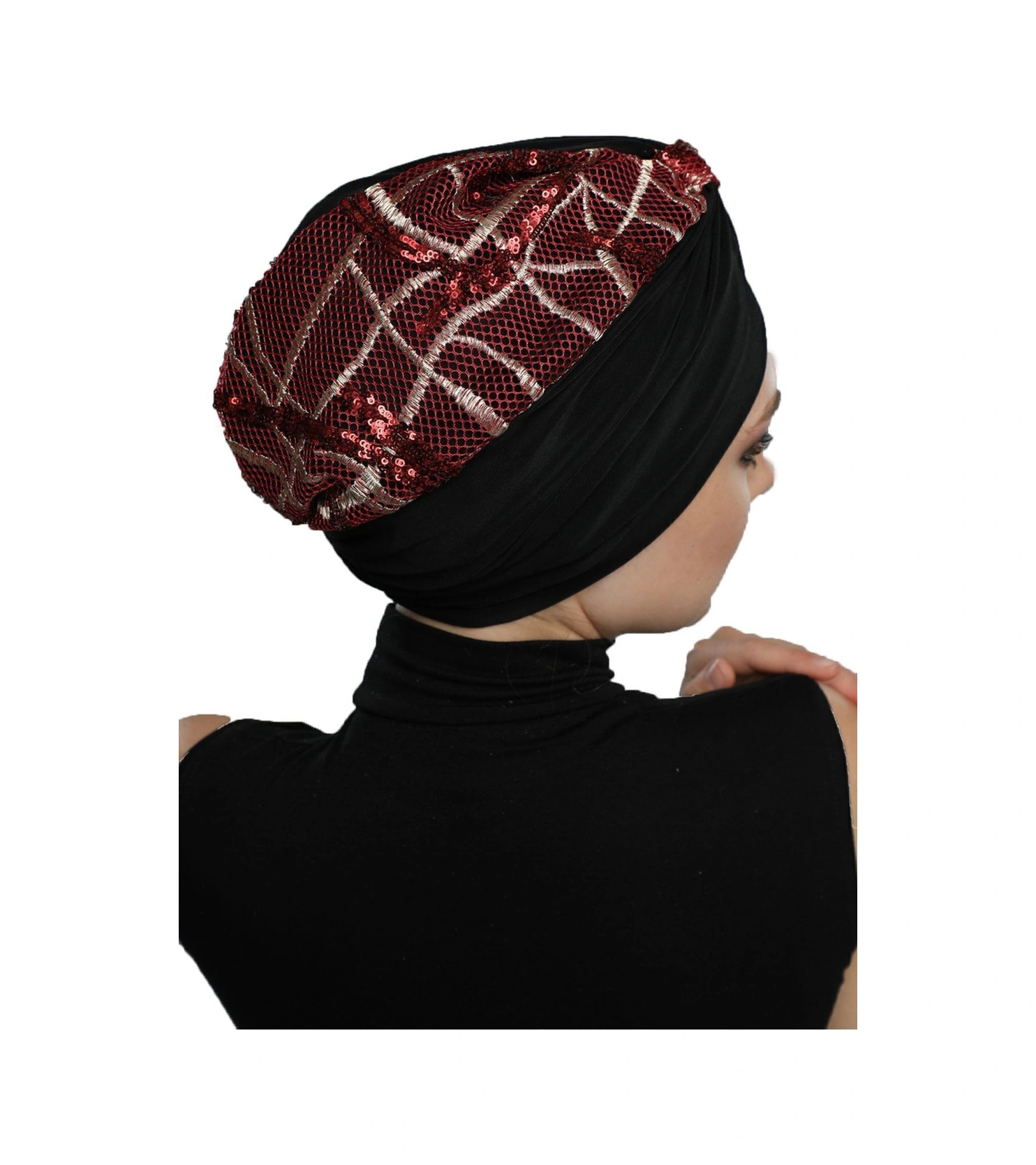 Özel Tasarım Siyah Bej-bordo Pullu Fileli Etnik Desenli Astarlı Hazır Türban Tesettür Abiye Bone Siyah22