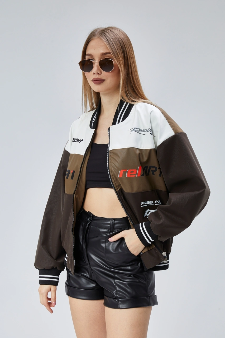 Kadın Oversize Baskılı Motorcu Yarışçı Montu Kolej Ceketi Kahverengi
