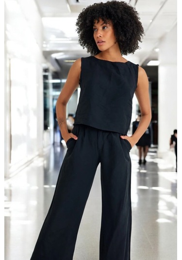 Yazlık Rahat Alt Üst Kolsuz İkili Keten Takım siyah