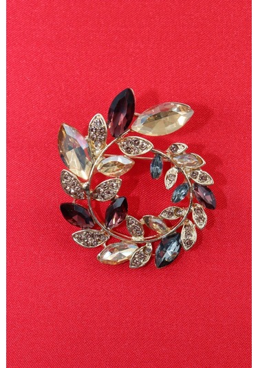 Zeytin Dalı Çelenk Broş. Gold Pırlanta Taşlı Zeytin Dallı Yaka İğnesi Çiçek Broş, Erkek Kadın Broş Gold