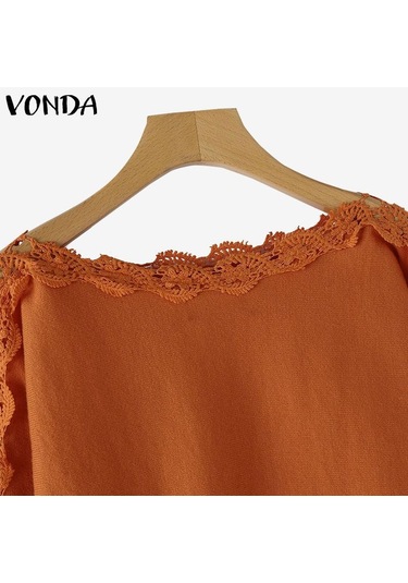 Vonda Kadın Sonbahar Dantel Yuvarlak Yaka Uzun Kollu Kazak Kazaklar Turuncu