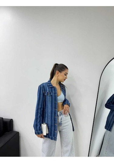 Shevega Kadın Çizgili Mavi Işlemli Boyfriend Kot Ceket Mavi