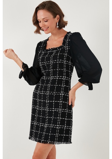 Lela Regular Fit Kare Yaka Balon Şifon Kollu Mini Bayan Elbise 611El0532 Siyah