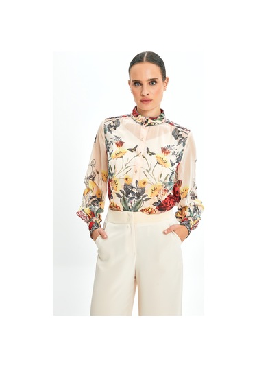 Yüksek Yaka Düğmeli Volan Kol Gömlek Çiçek Desenli, Şifon Dokulu, Günlük Ve Zarif Kullanıma Uygun Somon