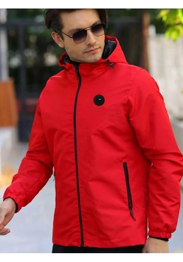 İçi Astarlı Su Ve Rüzgar Geçirmez Erkek Cepli Yağmurluk Kırmızı